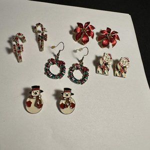 Lot Of 5 Holiday Pierced Earrings Christmas Gold Tone Candy Cane, Poinsettia Etc